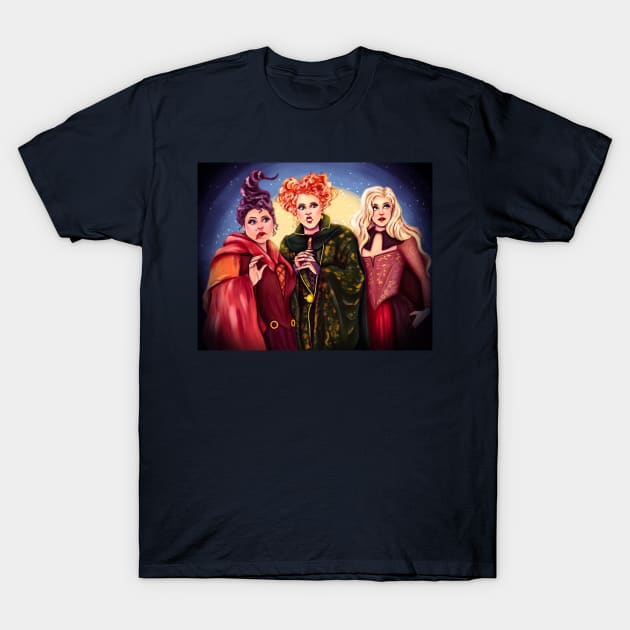 Sanderson sisters, Mary, Sarah, magic, halloween, All Hallows’ Eve, spooky, witches, witch, broom, hocus T-Shirt by KAM KOLE